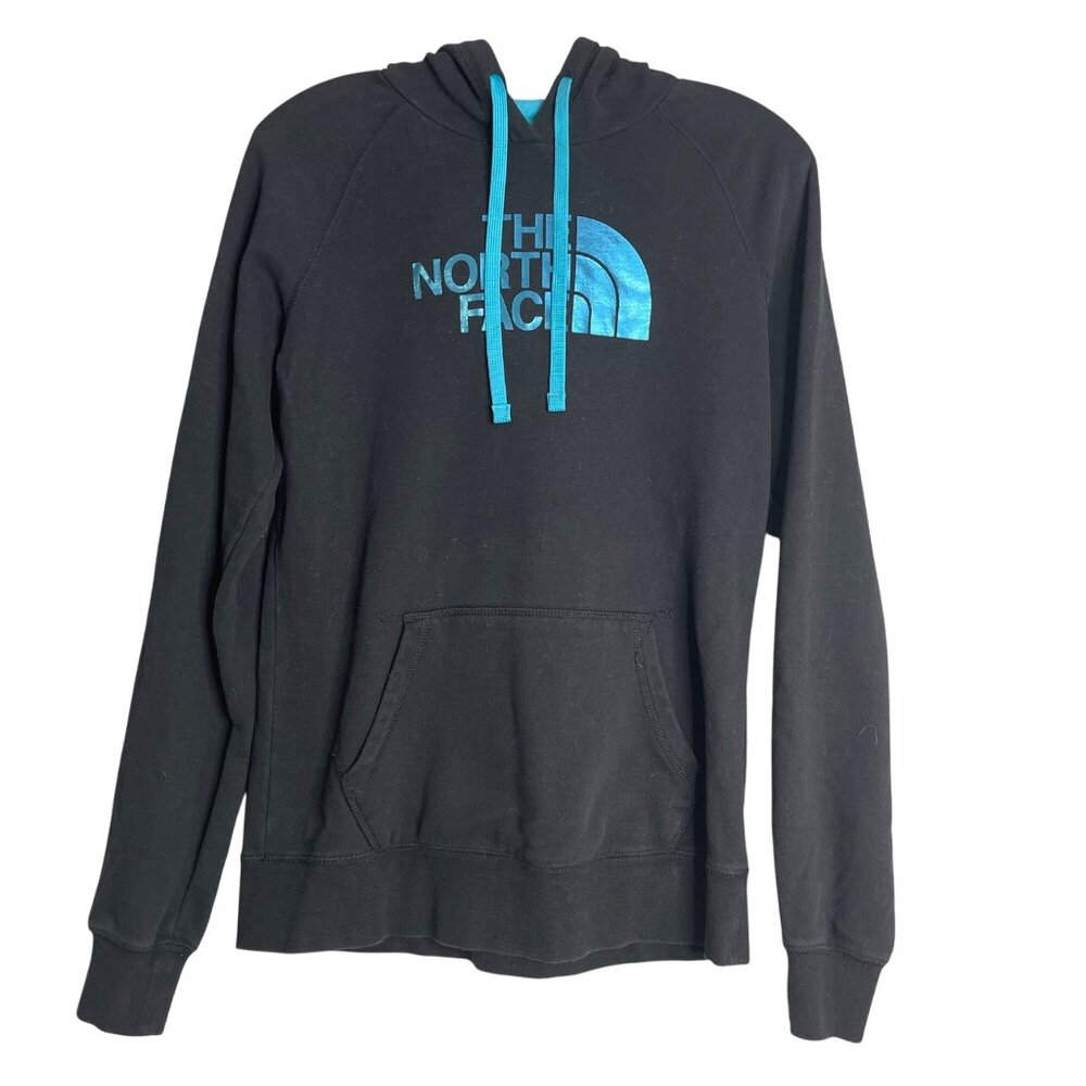 The North Face Hoodie Womens M Black Blue Foil Logo Outerwear Outdoor Pull Over